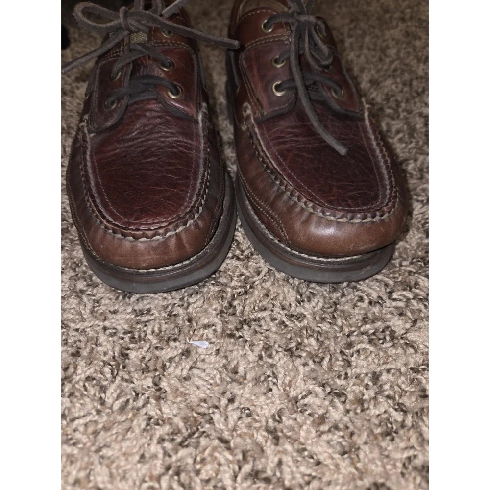 LL Bean Allagash Bison Leather Hand Sewn Boat Shoes Brown Mens Size 7 EE Wide